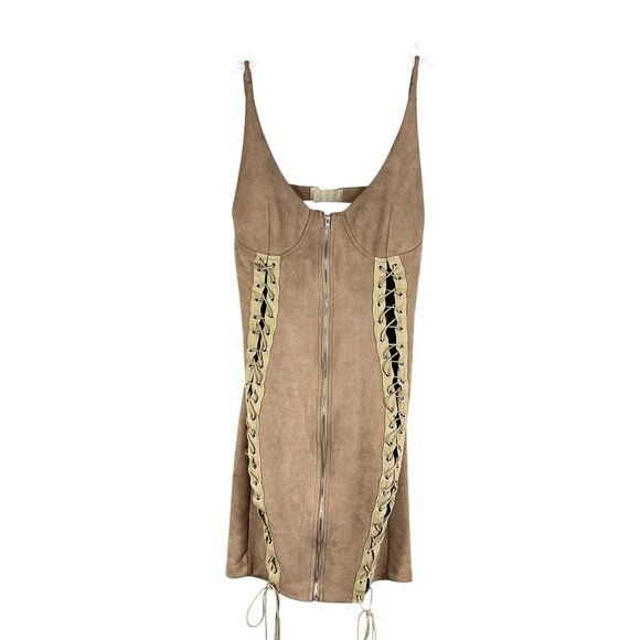 Better Be L Tan Vegan Suede Mini Dress Zip Front Lace Up Stretchy Costal Cowgirl - Picture 8 of 16